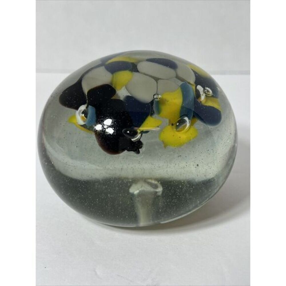 ANTIQUE GLASS PAPERWEIGHT BUTTON w/COLORFUL CONFETTI GLASS SET UP ~ 1/2"
